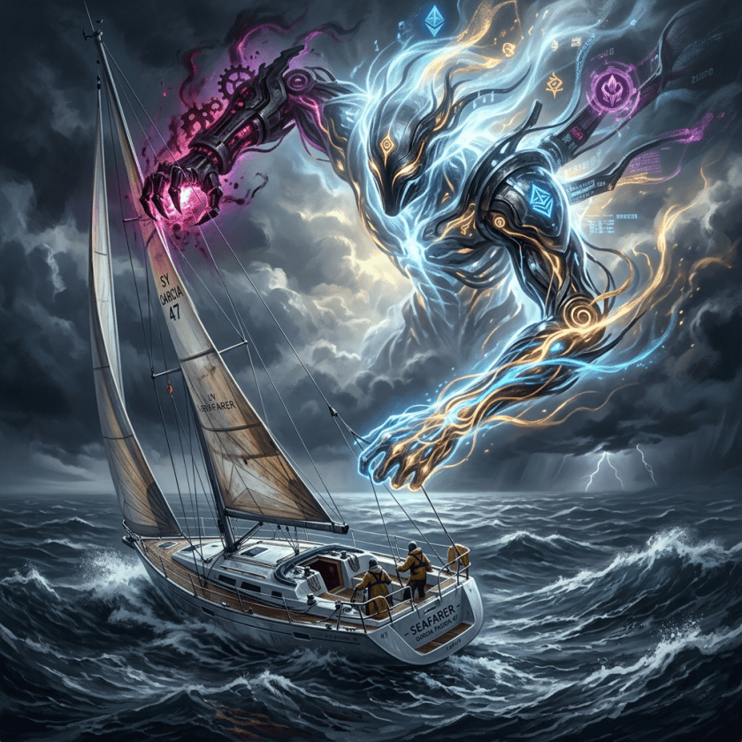 Sailboat navigating stormy seas beneath a glowing futuristic sea guardian