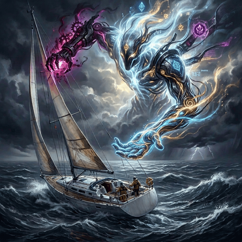 Sailboat navigating stormy seas beneath a glowing futuristic sea guardian