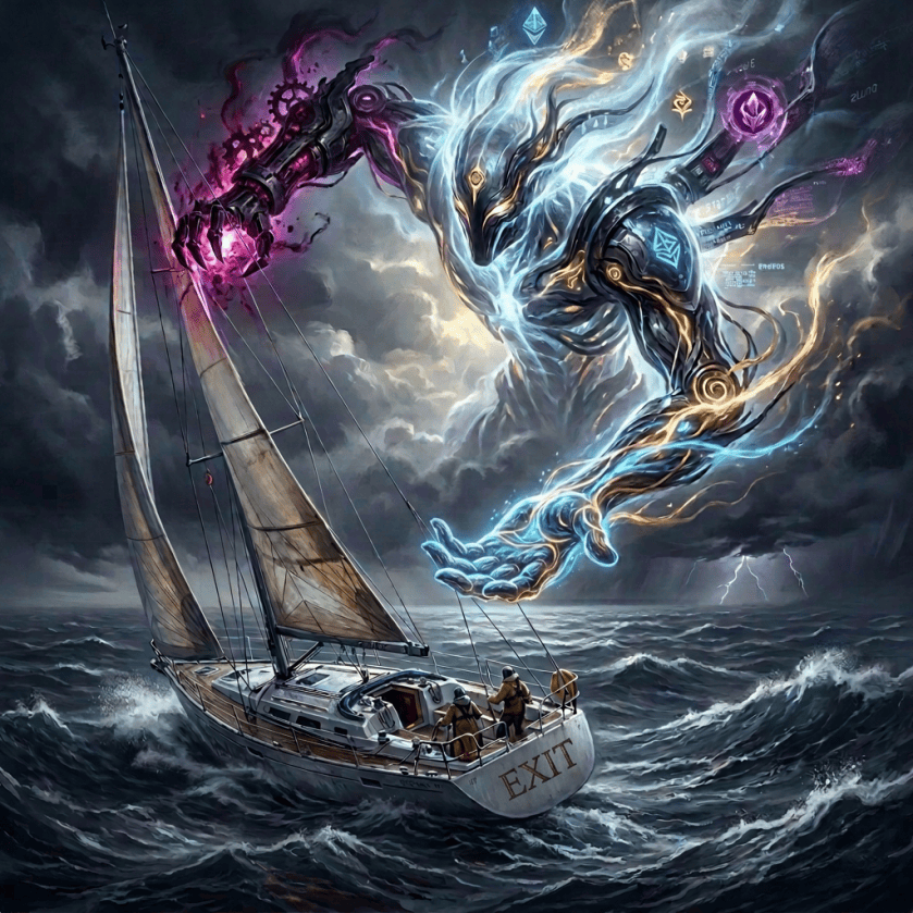 Sailboat navigating stormy seas beneath a glowing futuristic sea guardian