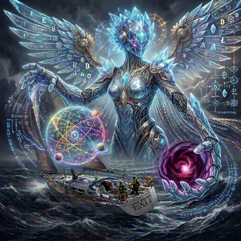 Sailboat navigating stormy seas beneath a glowing futuristic sea guardian