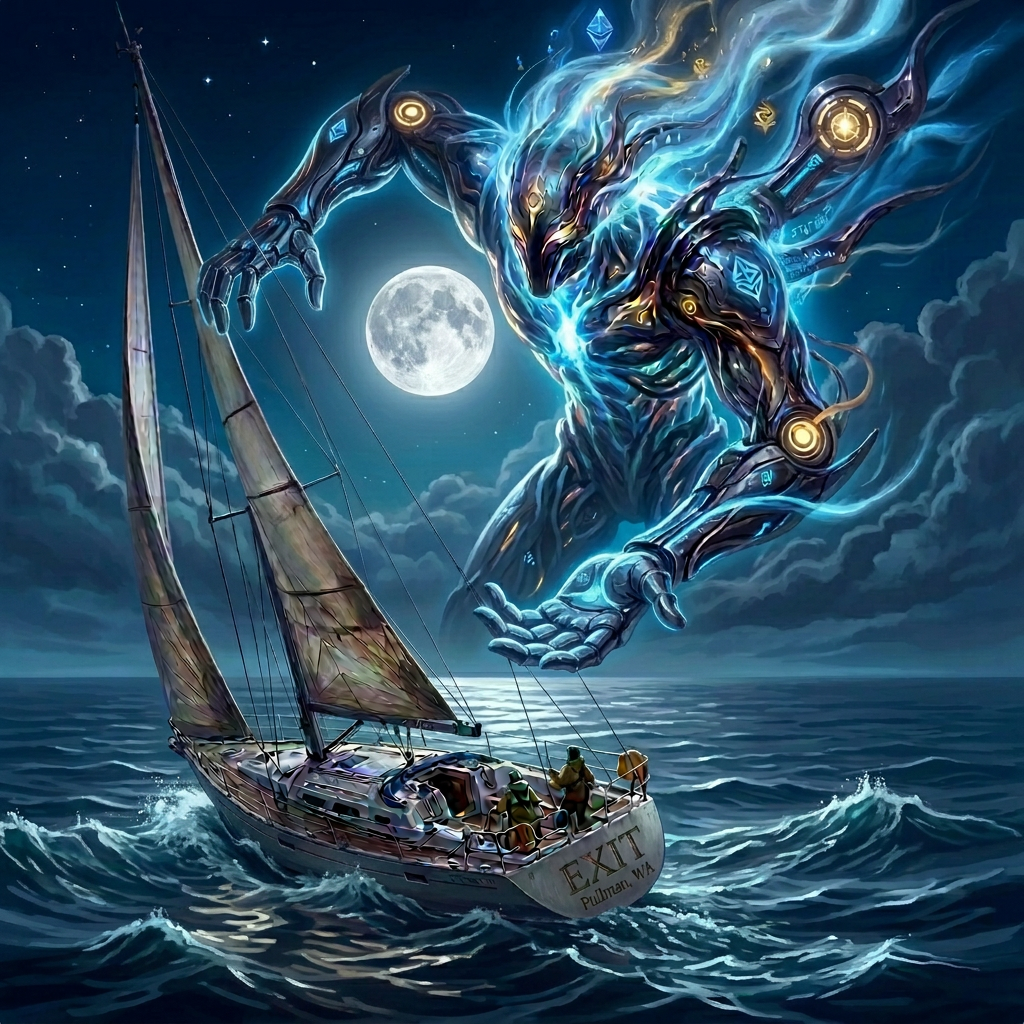 Sailboat navigating stormy seas beneath a glowing futuristic sea guardian