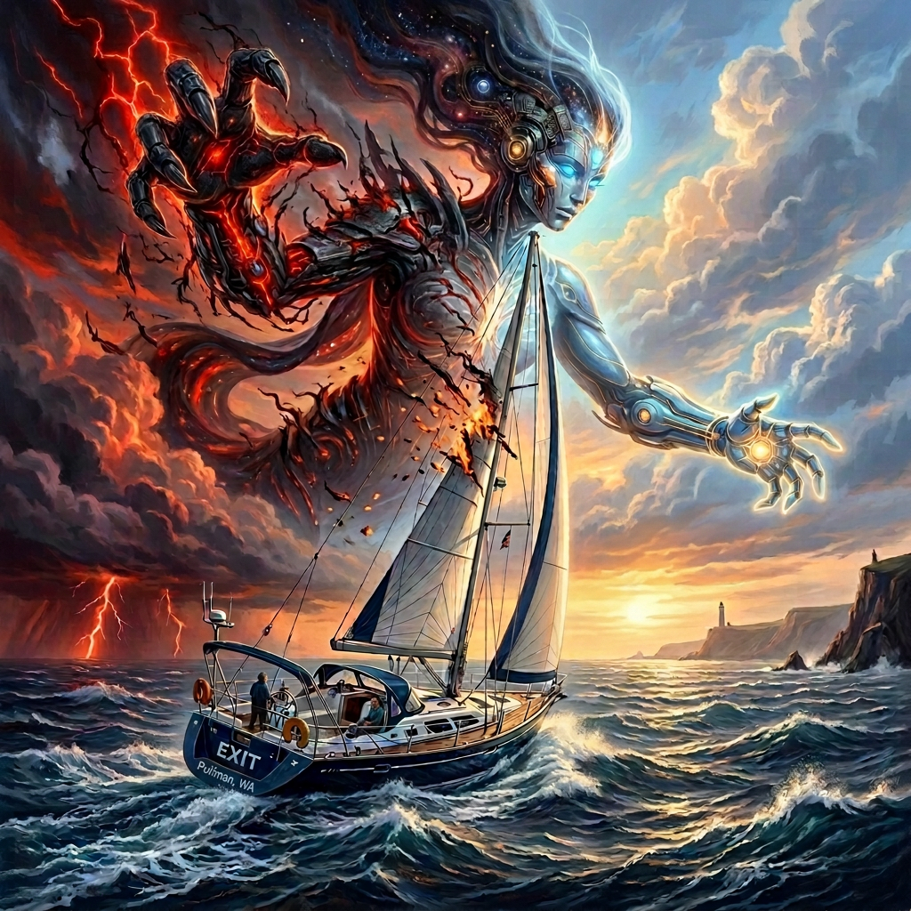 Surreal voyage through storm and stars Sailboat labeled EXIT beneath a giant celestial mechanical figure and storm clouds