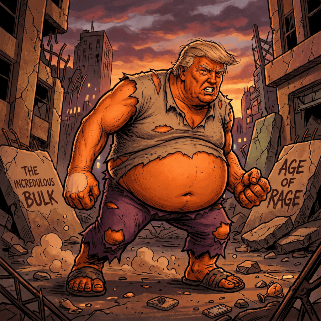 Caricature of Trump as Hulk amid rubble, with “TRUMP HULK” and “AGE OF RAGE”